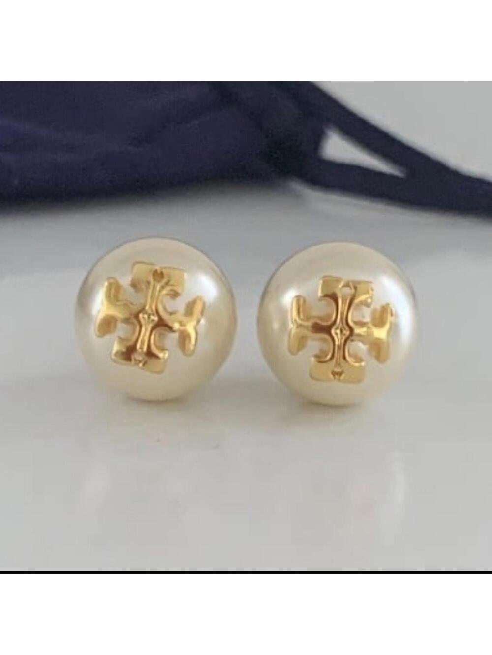Tory Burch Pearl Stud Earrings with Gold Accent